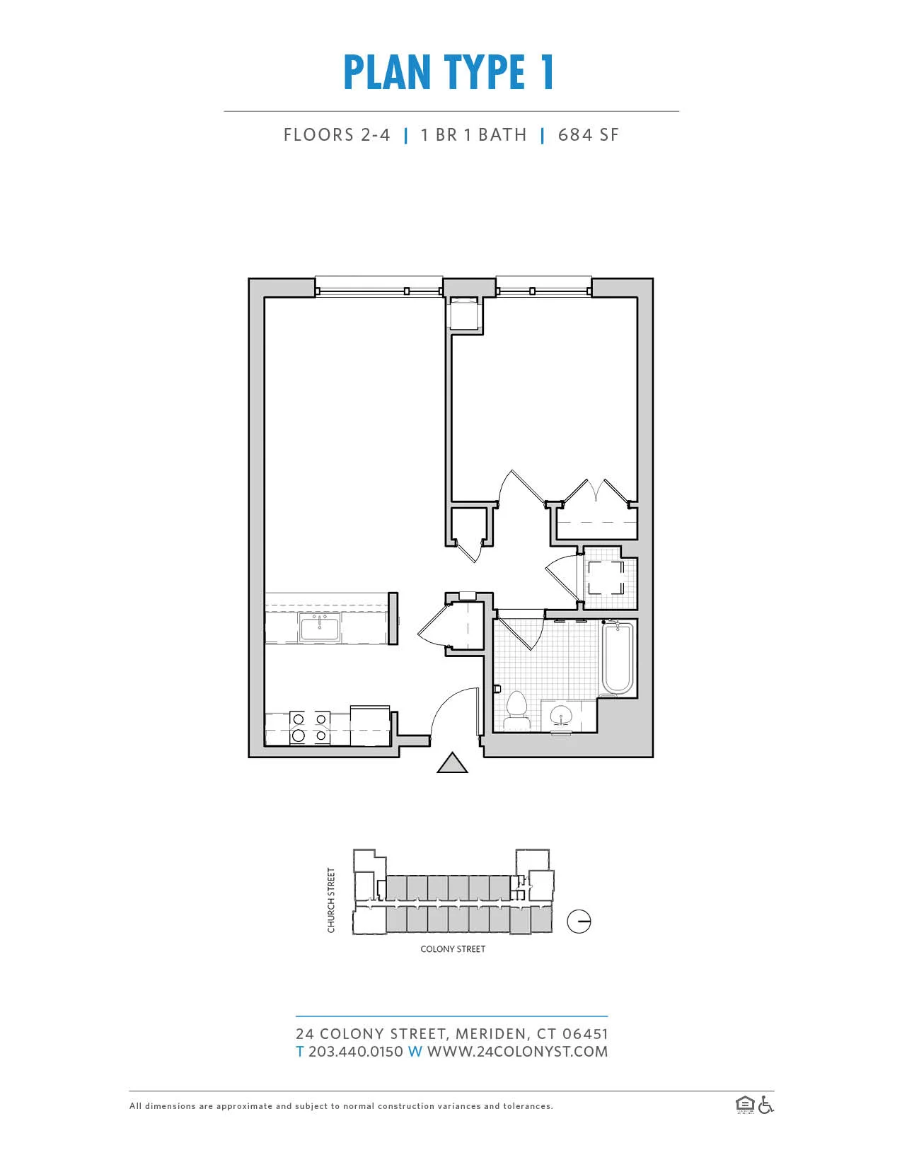Type I floor plan, 684 square feet